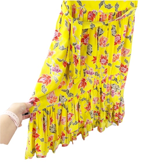 JOIE Yellow Ruffle Faux Wrap Floral SILK Midi Skirt with Tie Size 6 - Picture 4 of 11